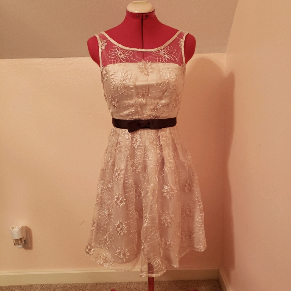 Modcloth gold dress with sheer overlay